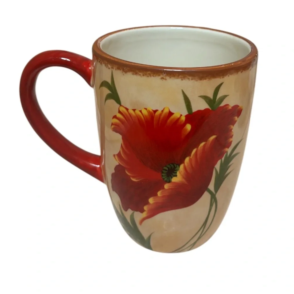 Pier 1 Poppies Mug 4 Piece Set Hand Painted Earthenware Replacements Red Floral